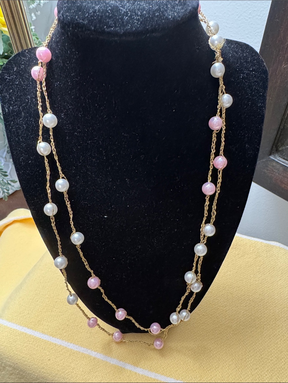 Gold Chain Long Necklace with Pink and White Beads